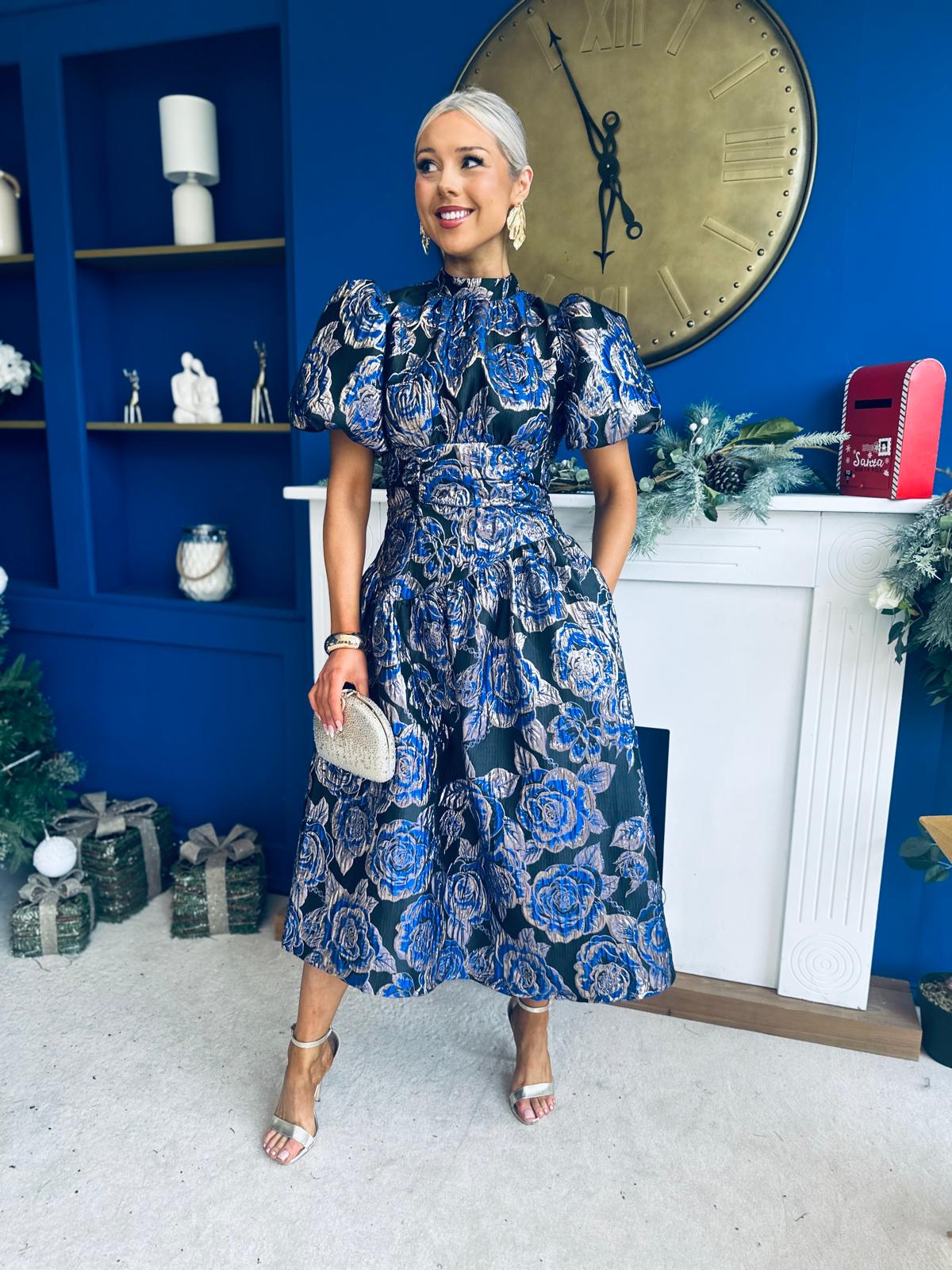 Sinead Puff Sleeve Jaquard Occasion Dress Cobalt