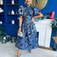Sinead Puff Sleeve Jaquard Occasion Dress Cobalt