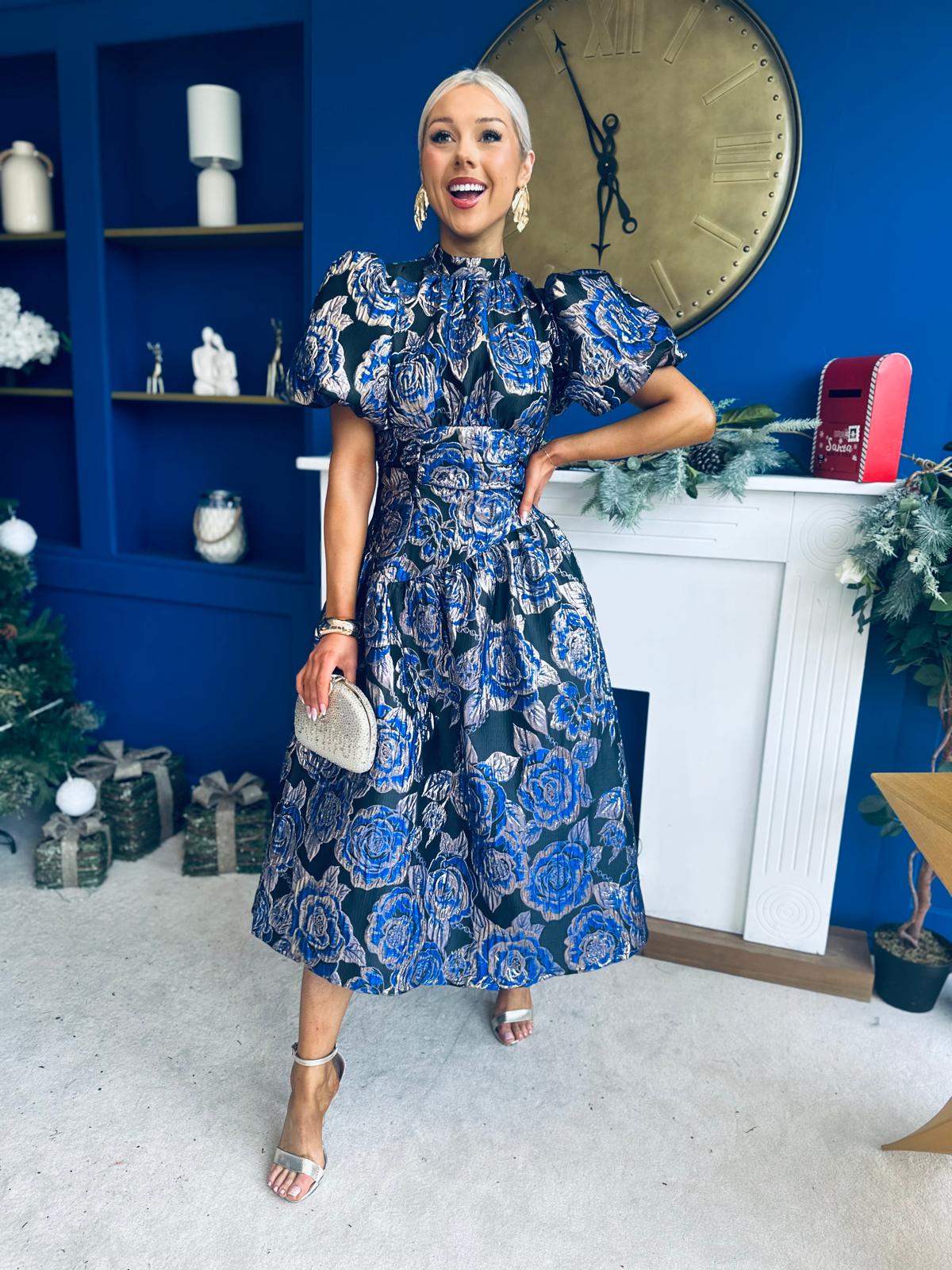 Sinead Puff Sleeve Jaquard Occasion Dress Cobalt