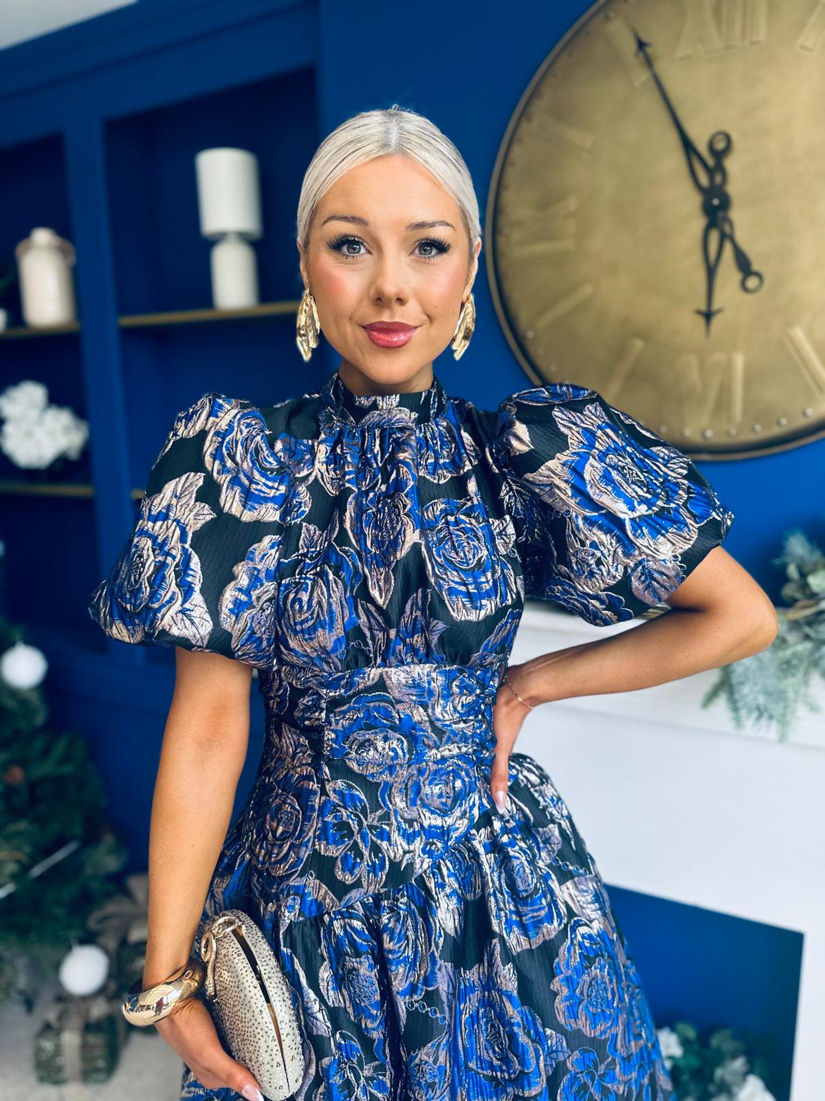 Sinead Puff Sleeve Jaquard Occasion Dress Cobalt