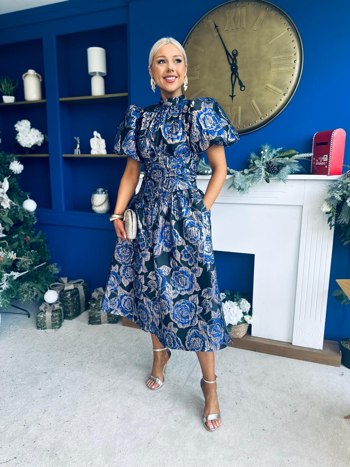 Sinead Puff Sleeve Jaquard Occasion Dress Cobalt