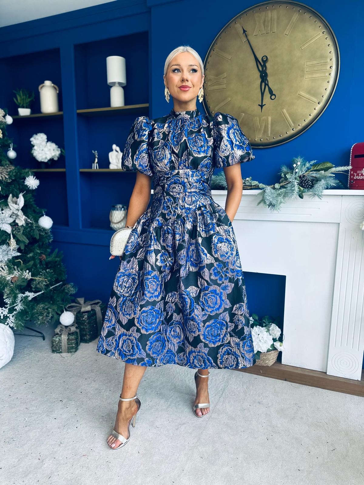 Sinead Puff Sleeve Jaquard Occasion Dress Cobalt