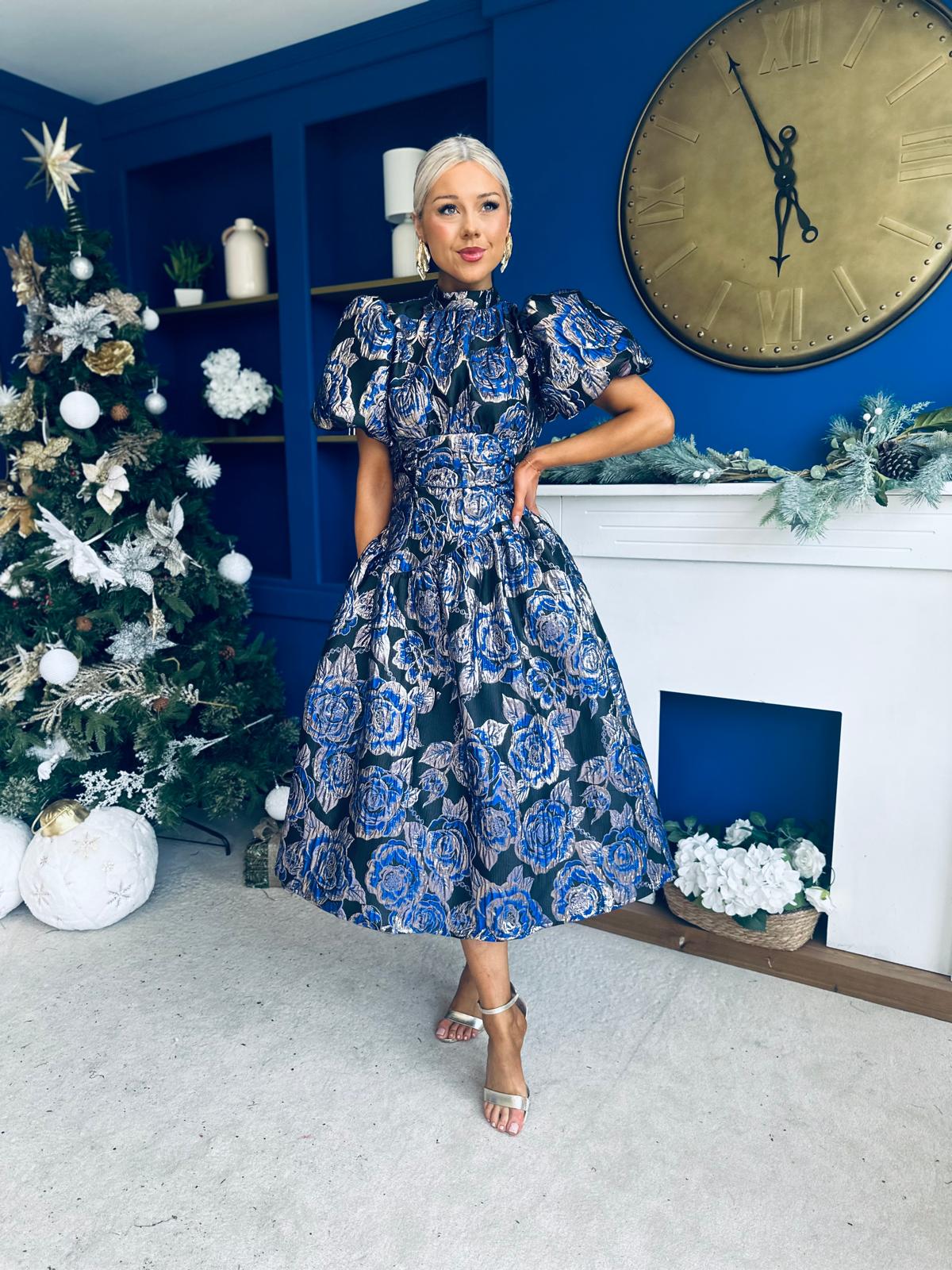 Sinead Puff Sleeve Jaquard Occasion Dress Cobalt