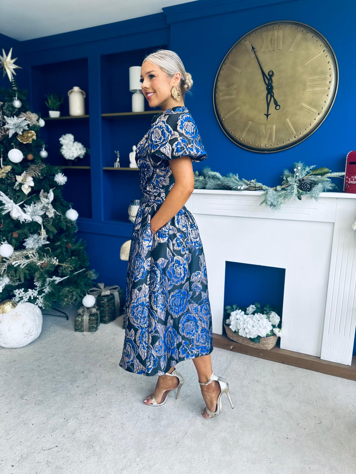 Sinead Puff Sleeve Jaquard Occasion Dress Cobalt