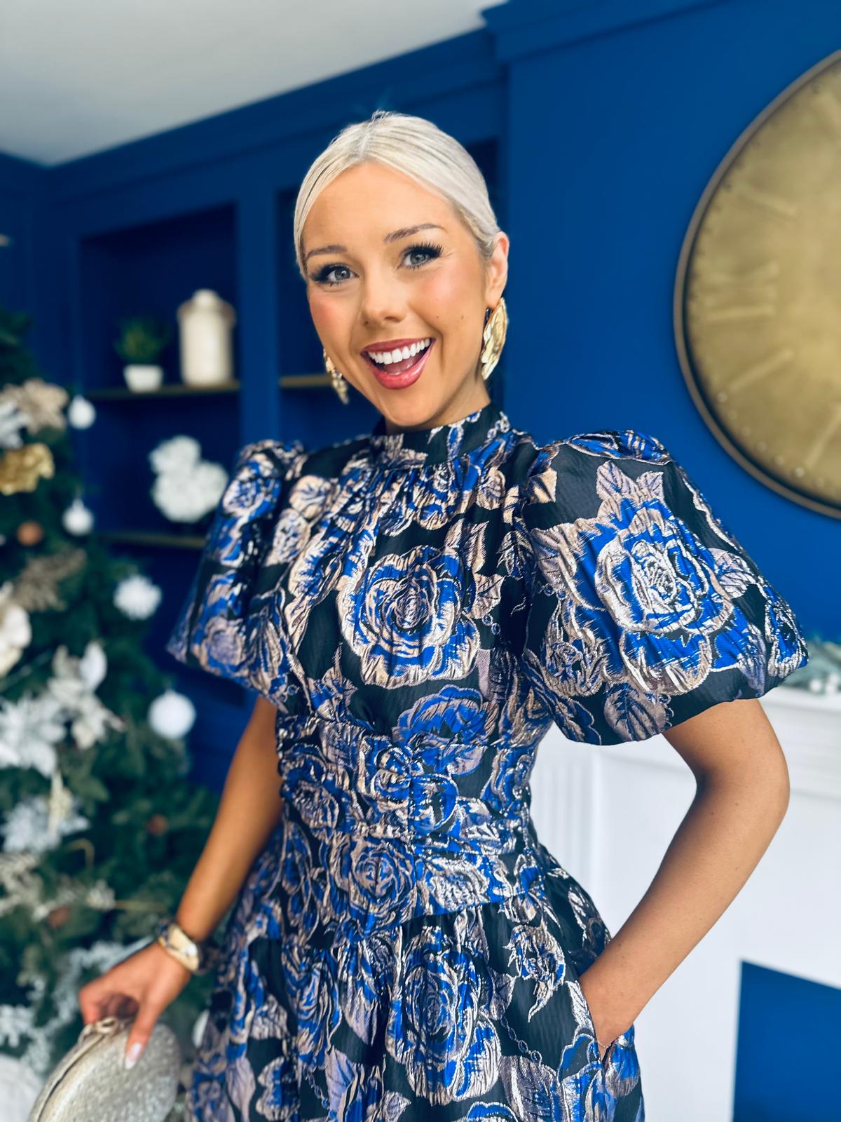 Sinead Puff Sleeve Jaquard Occasion Dress Cobalt