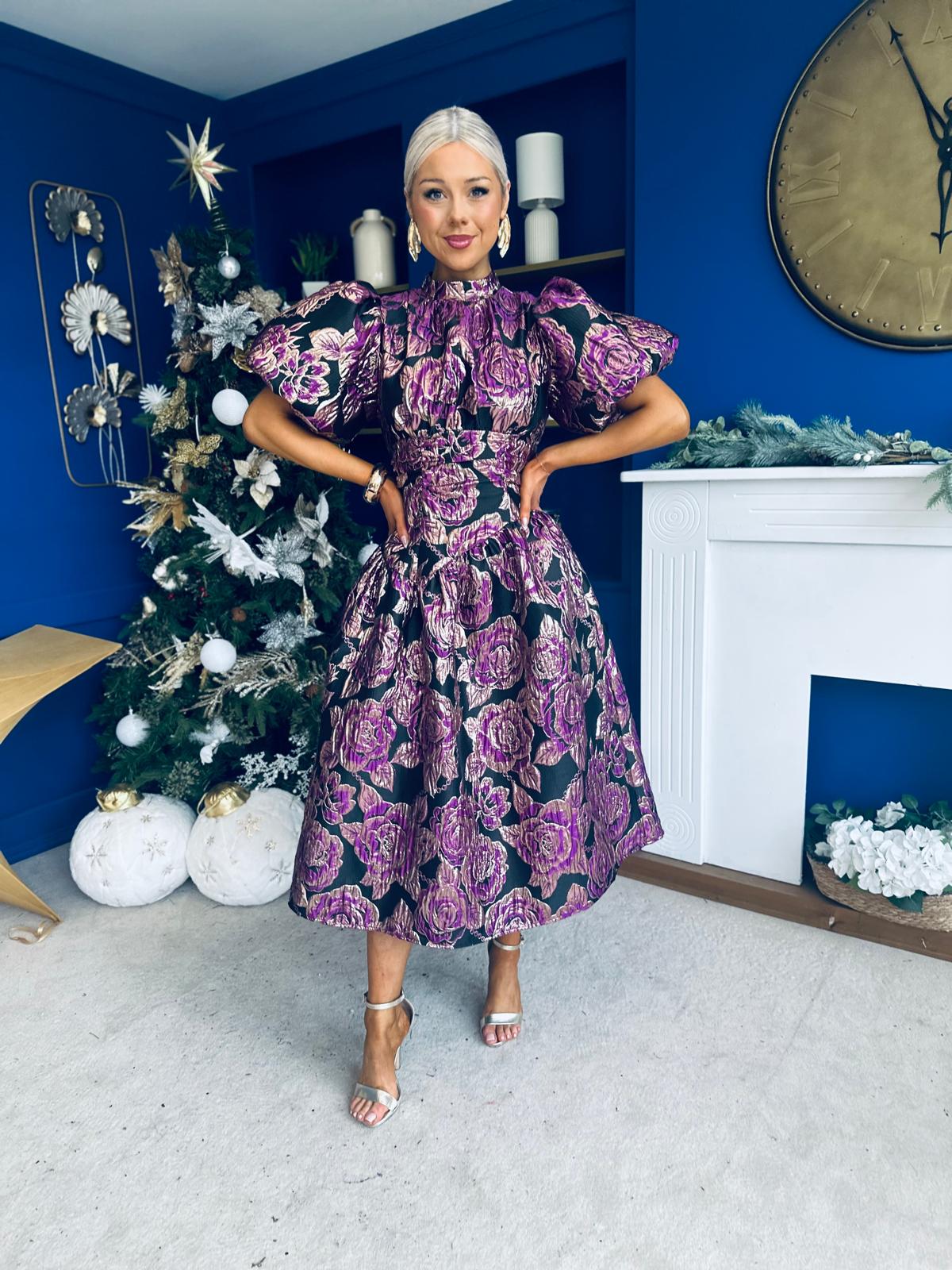 Sinead Puff Sleeve Jaquard Occasion Dress Violet