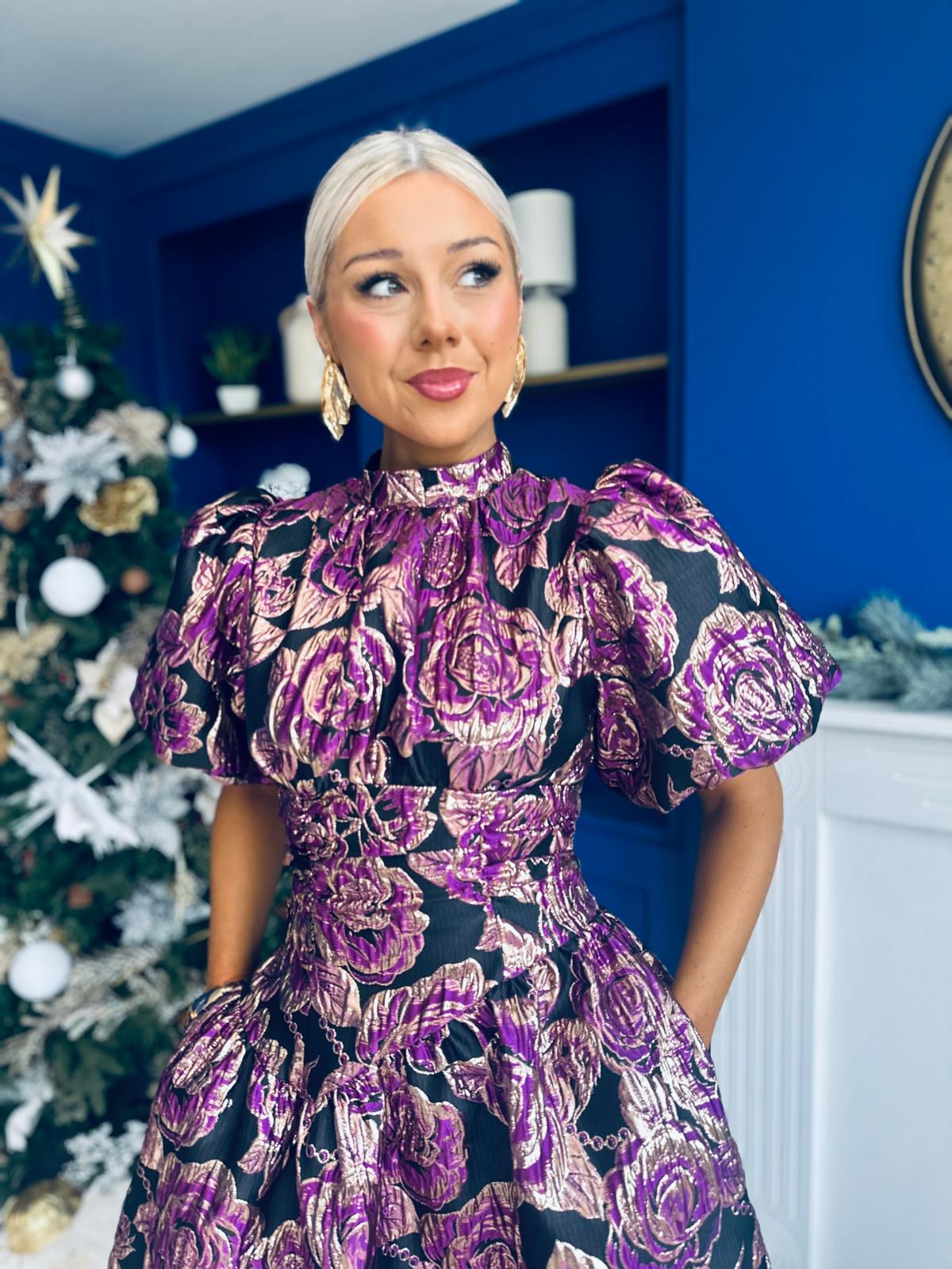 Sinead Puff Sleeve Jaquard Occasion Dress Violet