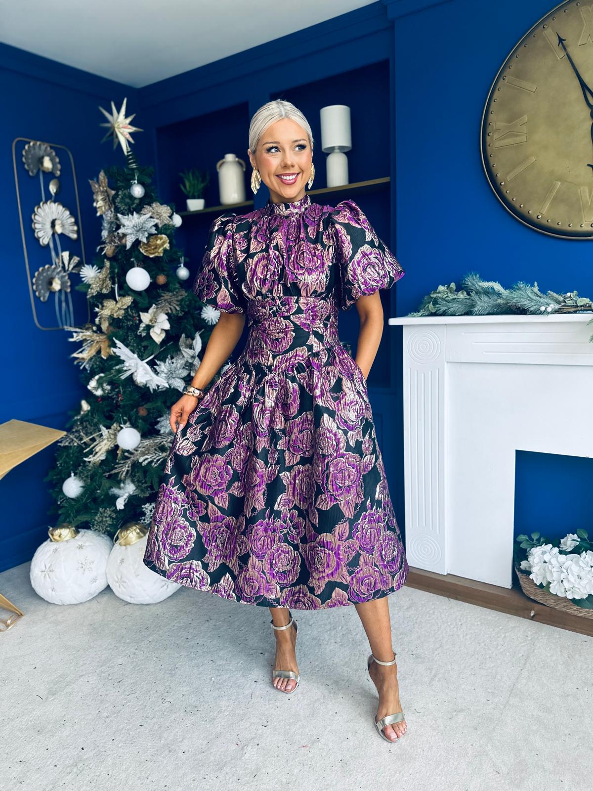 Sinead Puff Sleeve Jaquard Occasion Dress Violet