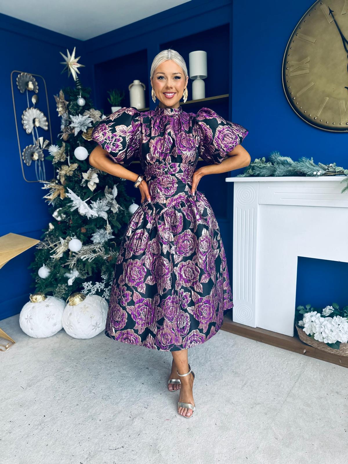 Sinead Puff Sleeve Jaquard Occasion Dress Violet