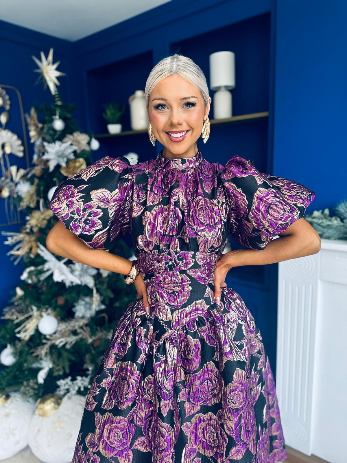 Sinead Puff Sleeve Jaquard Occasion Dress Violet