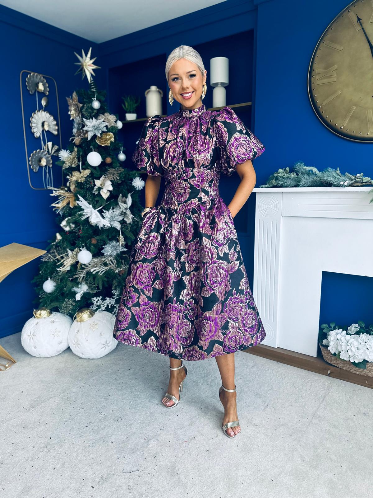 Sinead Puff Sleeve Jaquard Occasion Dress Violet