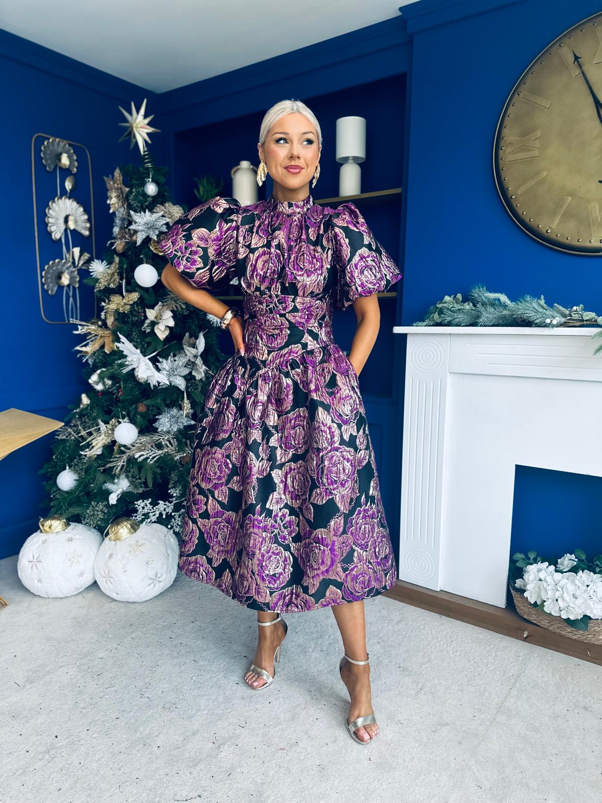 Sinead Puff Sleeve Jaquard Occasion Dress Violet