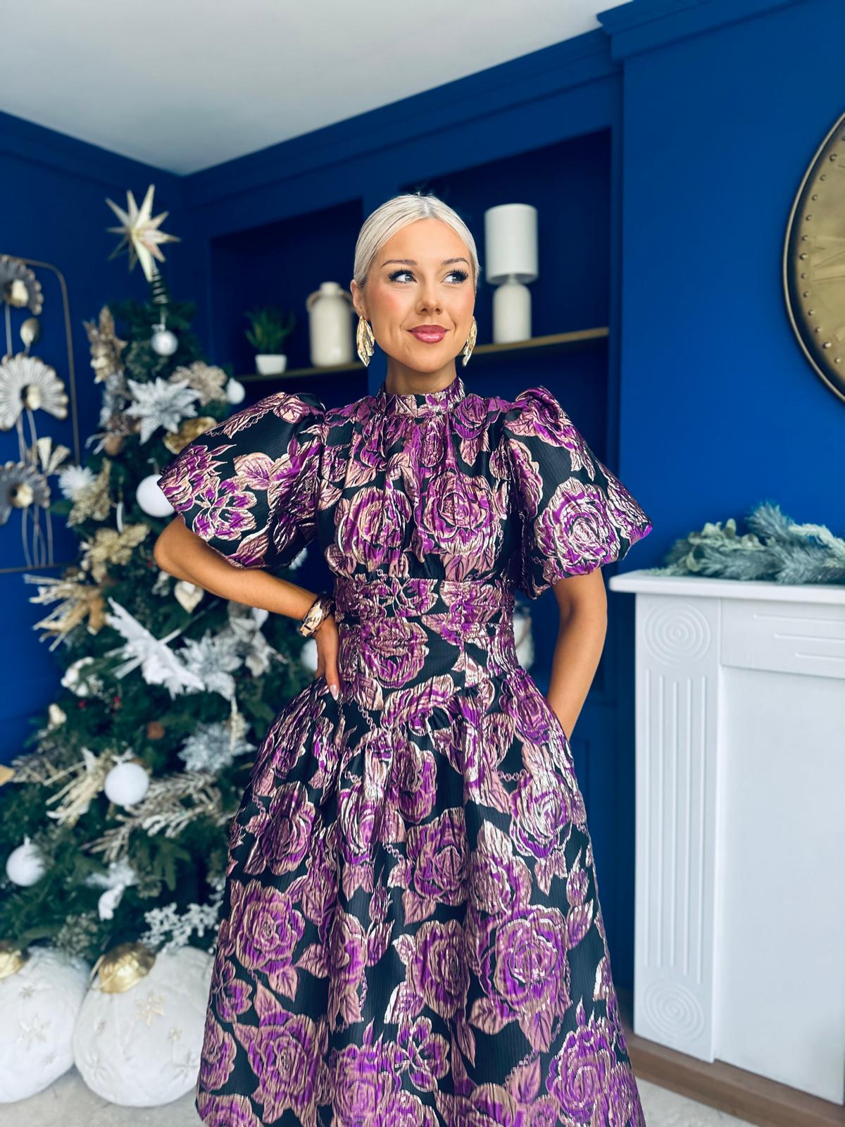 Sinead Puff Sleeve Jaquard Occasion Dress Violet