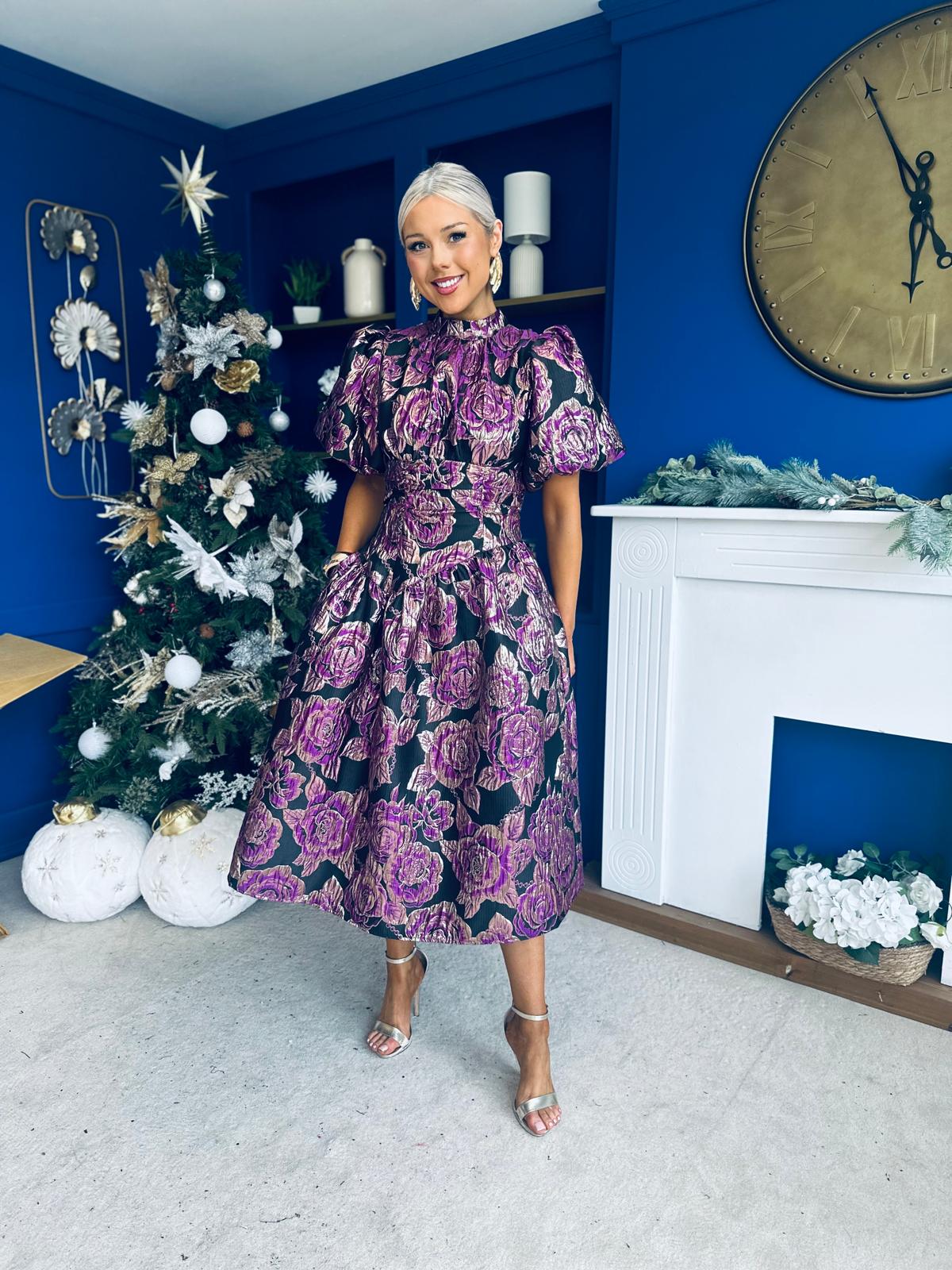 Sinead Puff Sleeve Jaquard Occasion Dress Violet