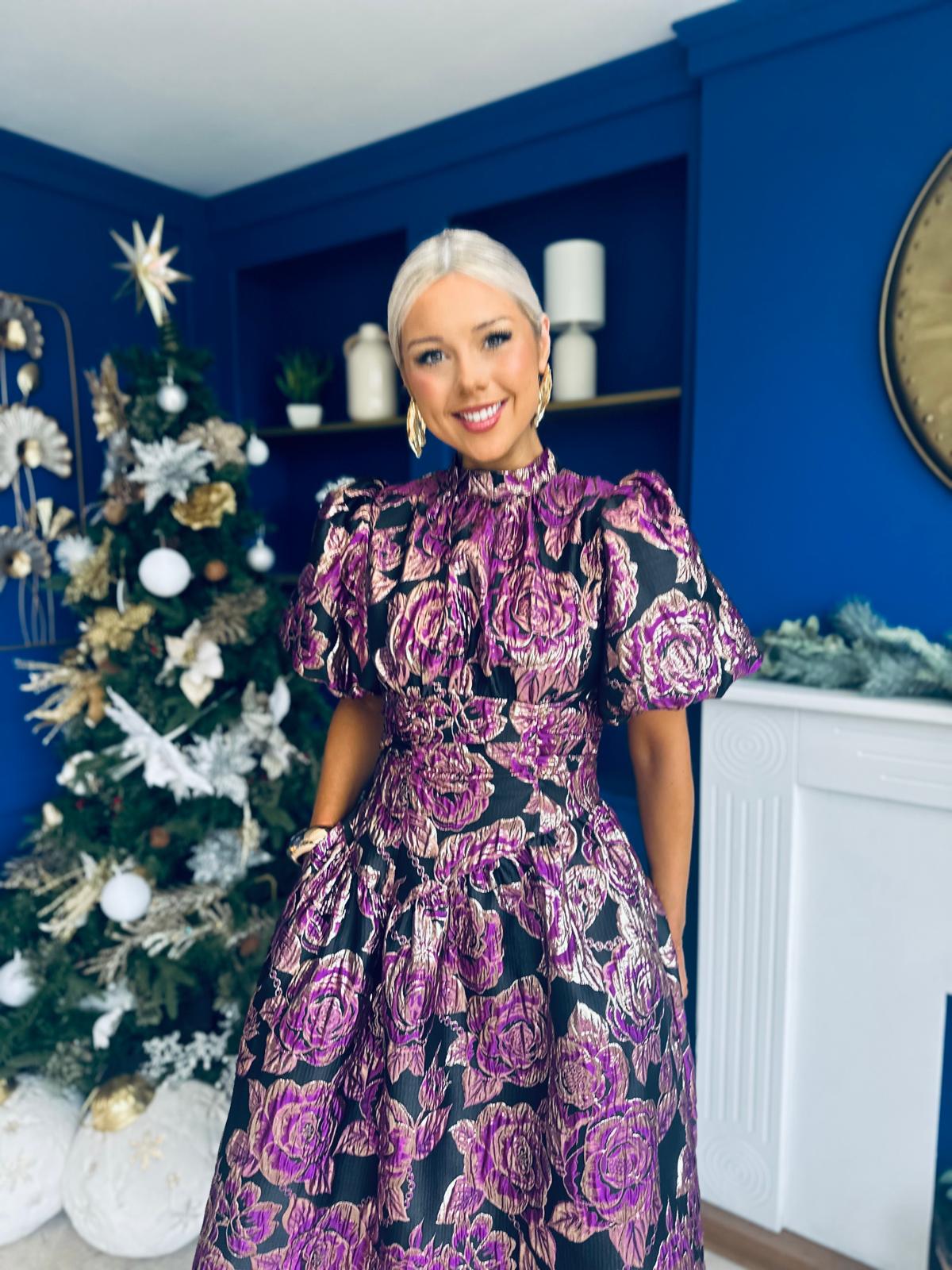 Sinead Puff Sleeve Jaquard Occasion Dress Violet