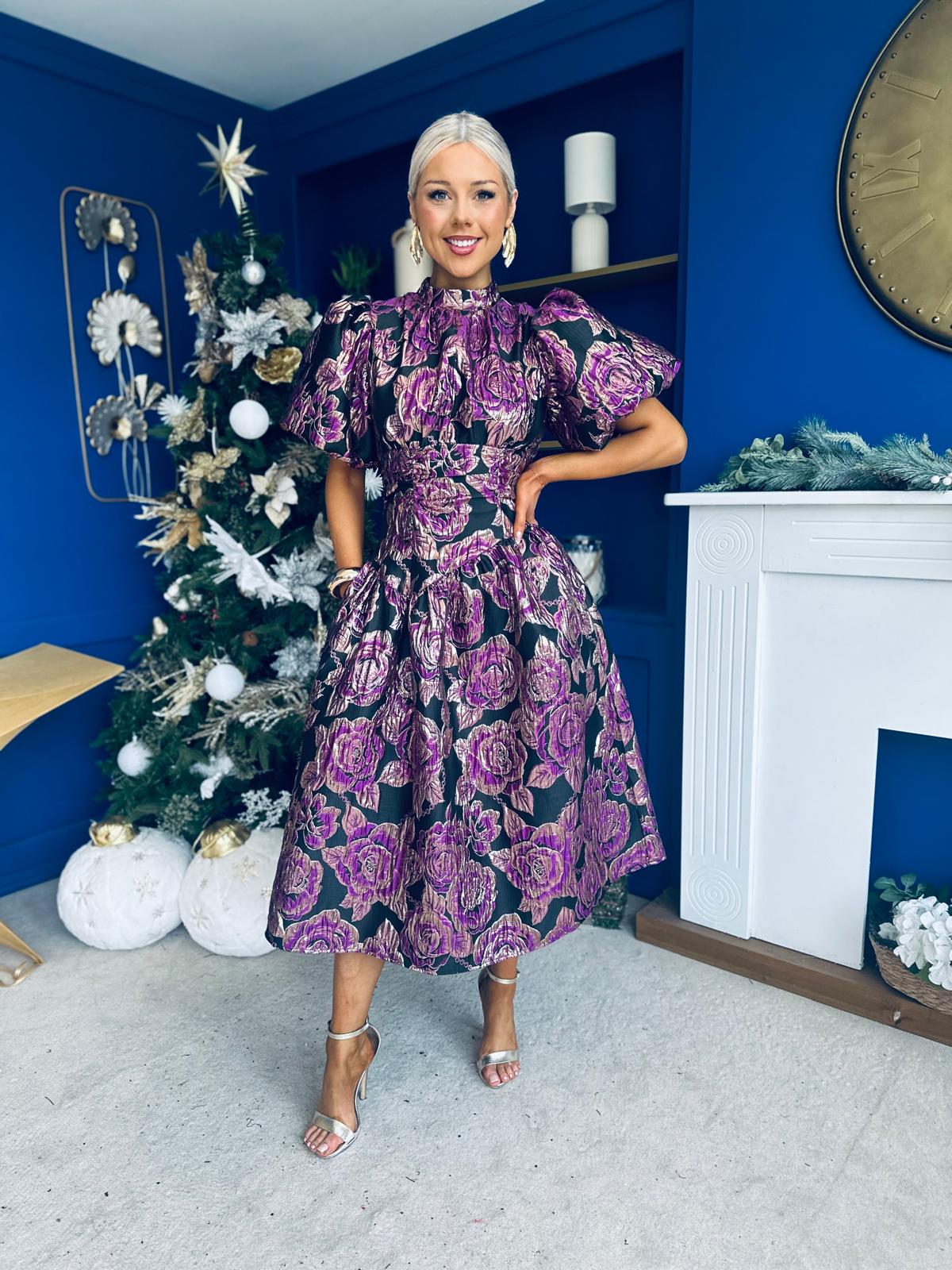 Sinead Puff Sleeve Jaquard Occasion Dress Violet