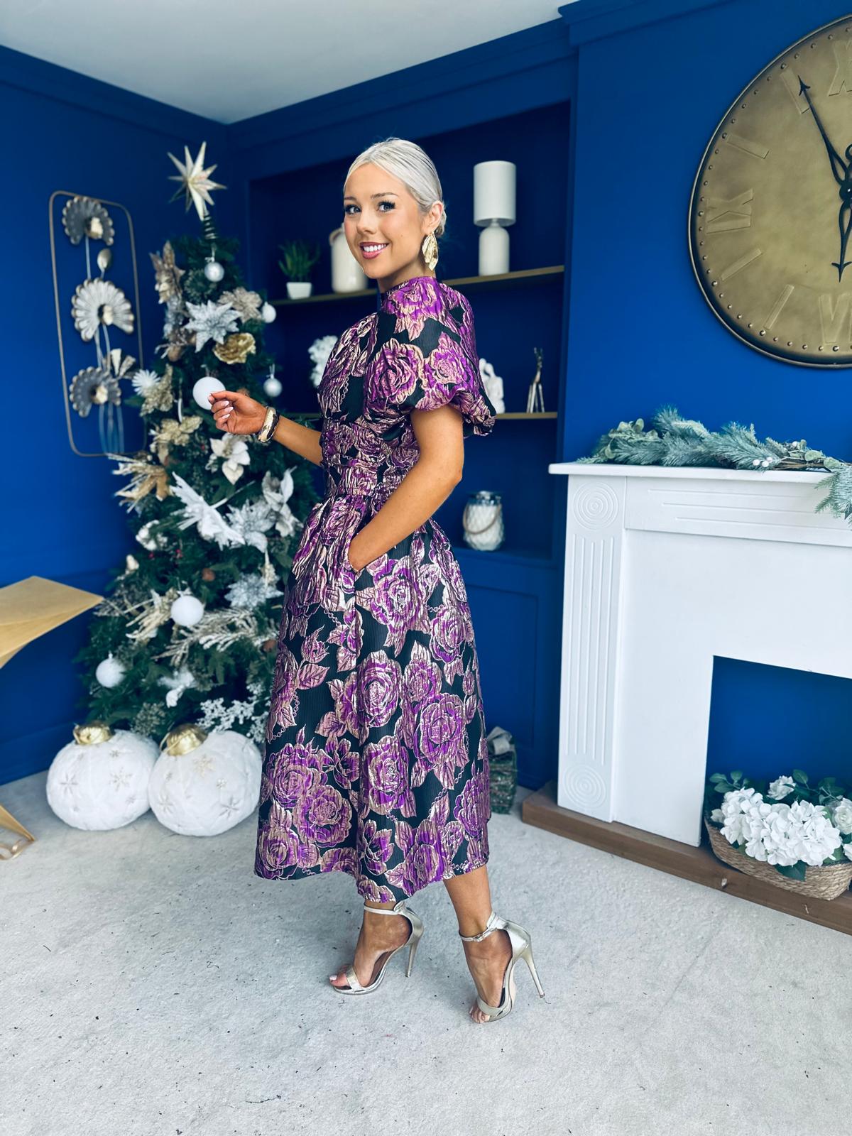 Sinead Puff Sleeve Jaquard Occasion Dress Violet