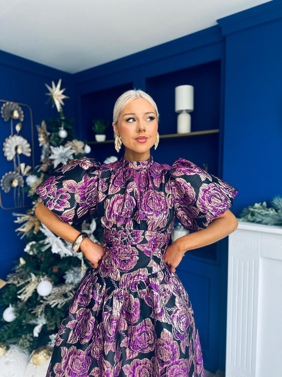 Sinead Puff Sleeve Jaquard Occasion Dress Violet