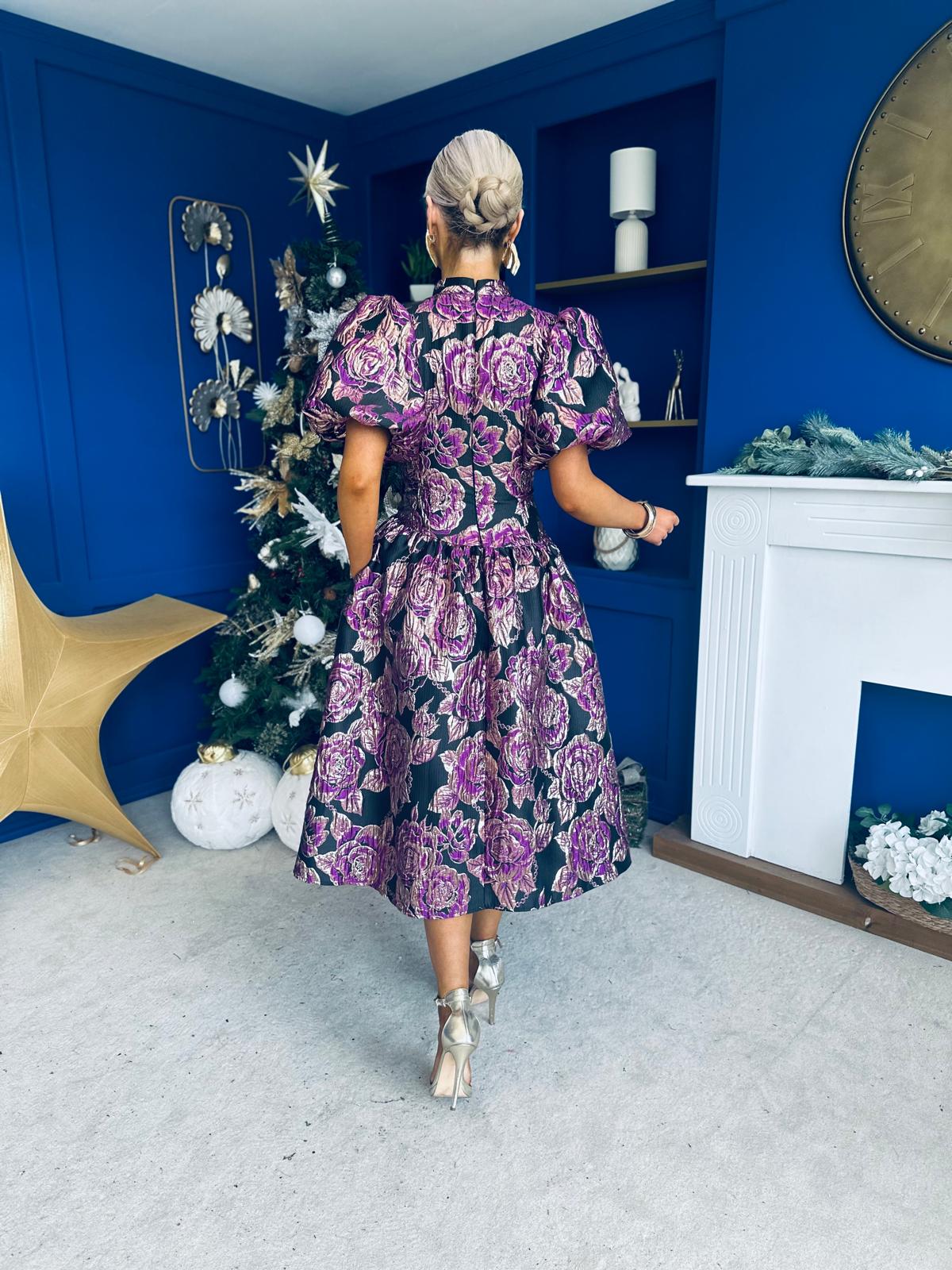 Sinead Puff Sleeve Jaquard Occasion Dress Violet