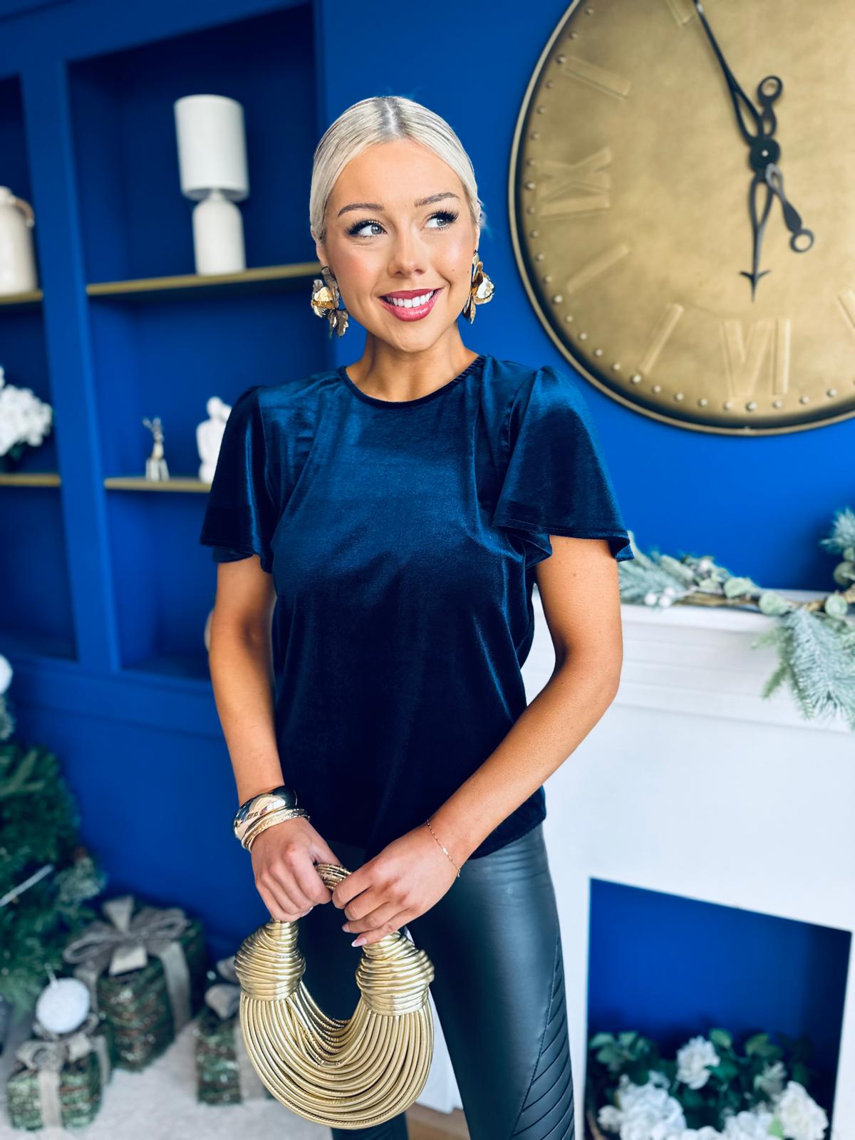 Dani Angel Sleeve Velvet Top Navy