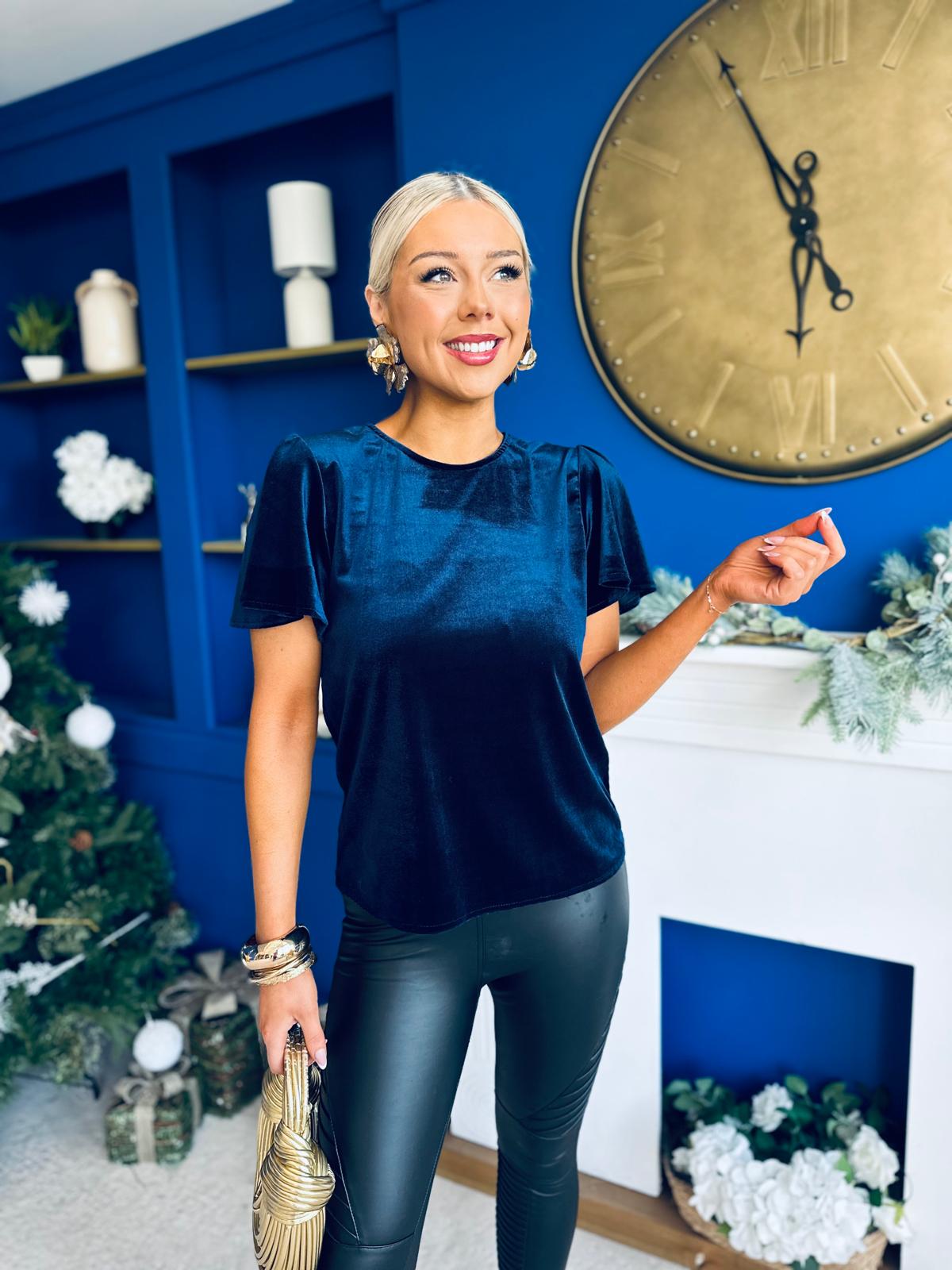 Dani Angel Sleeve Velvet Top Navy