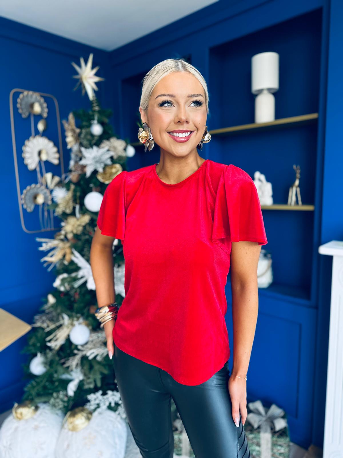 Dani Angel Sleeve Velvet Top Red