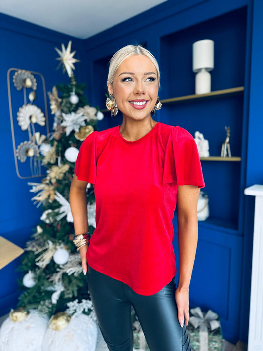 Dani Angel Sleeve Velvet Top Red