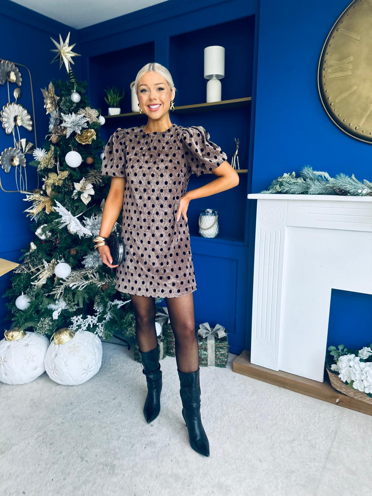 Reda Round Neck Puff Sleeve Mini Dress Polka