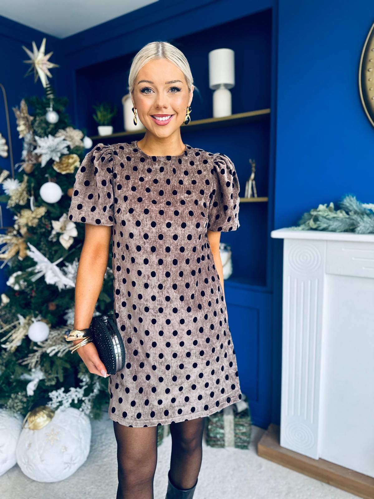 Reda Round Neck Puff Sleeve Mini Dress Polka