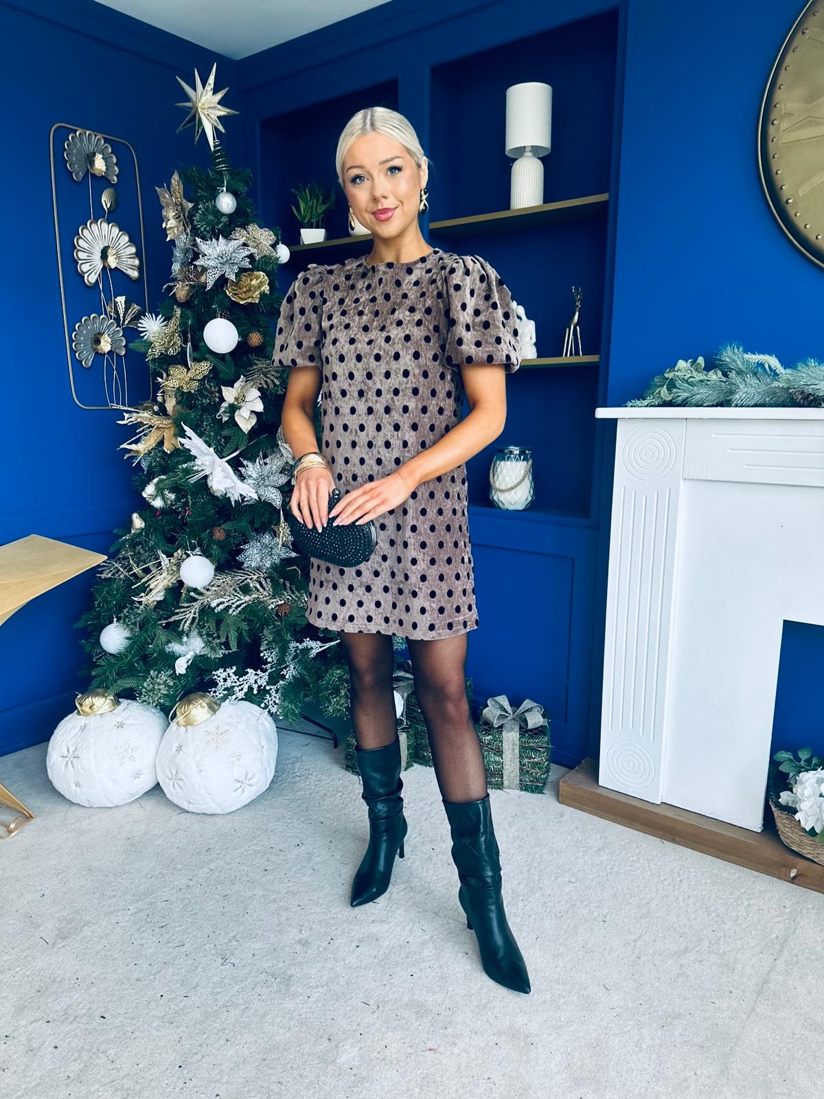 Reda Round Neck Puff Sleeve Mini Dress Polka