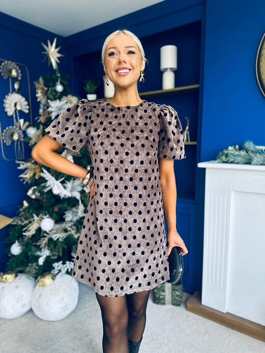 Reda Round Neck Puff Sleeve Mini Dress Polka