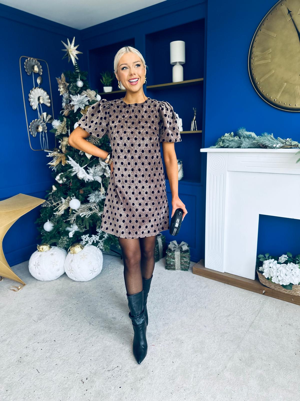 Reda Round Neck Puff Sleeve Mini Dress Polka