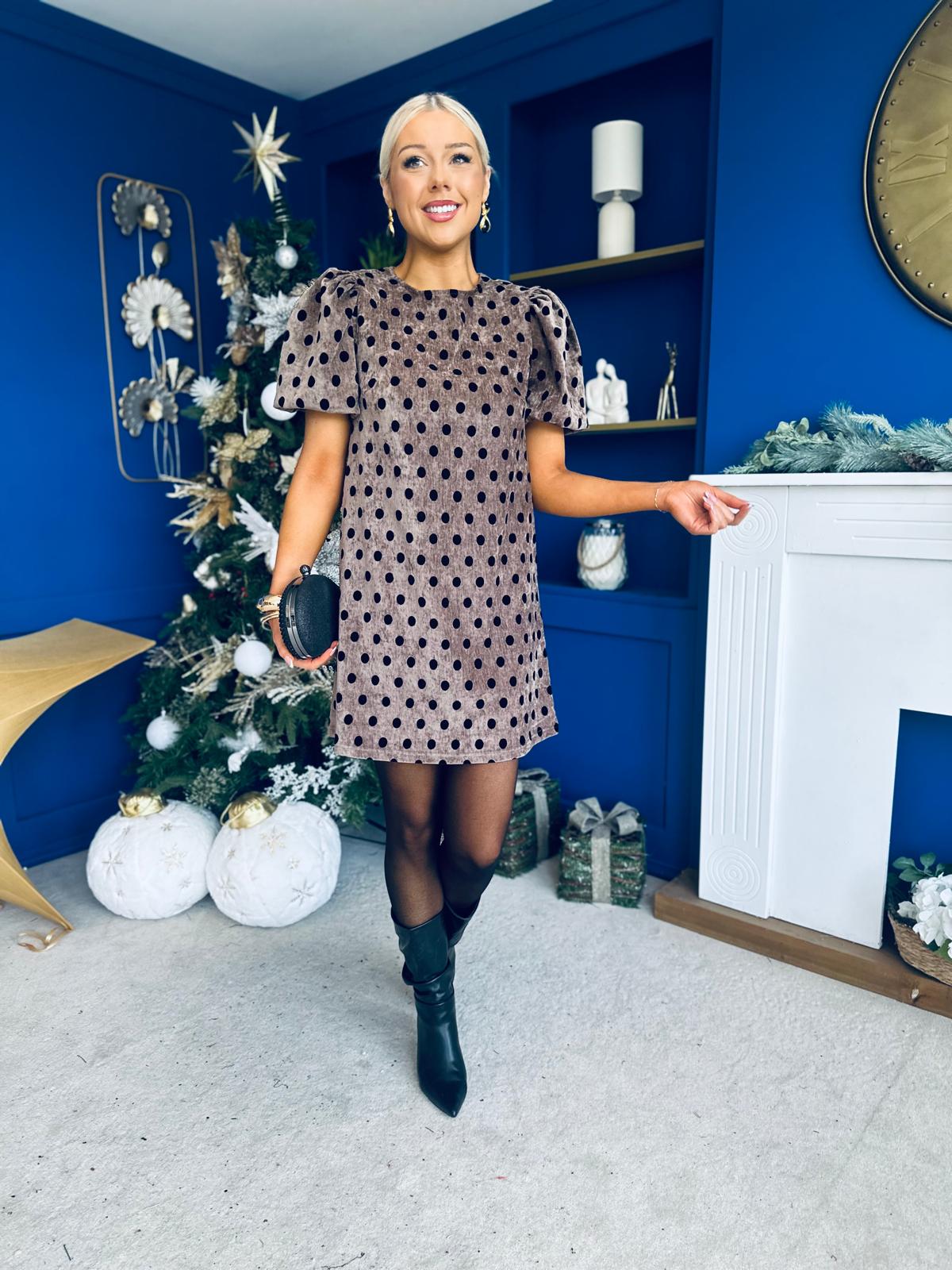 Reda Round Neck Puff Sleeve Mini Dress Polka