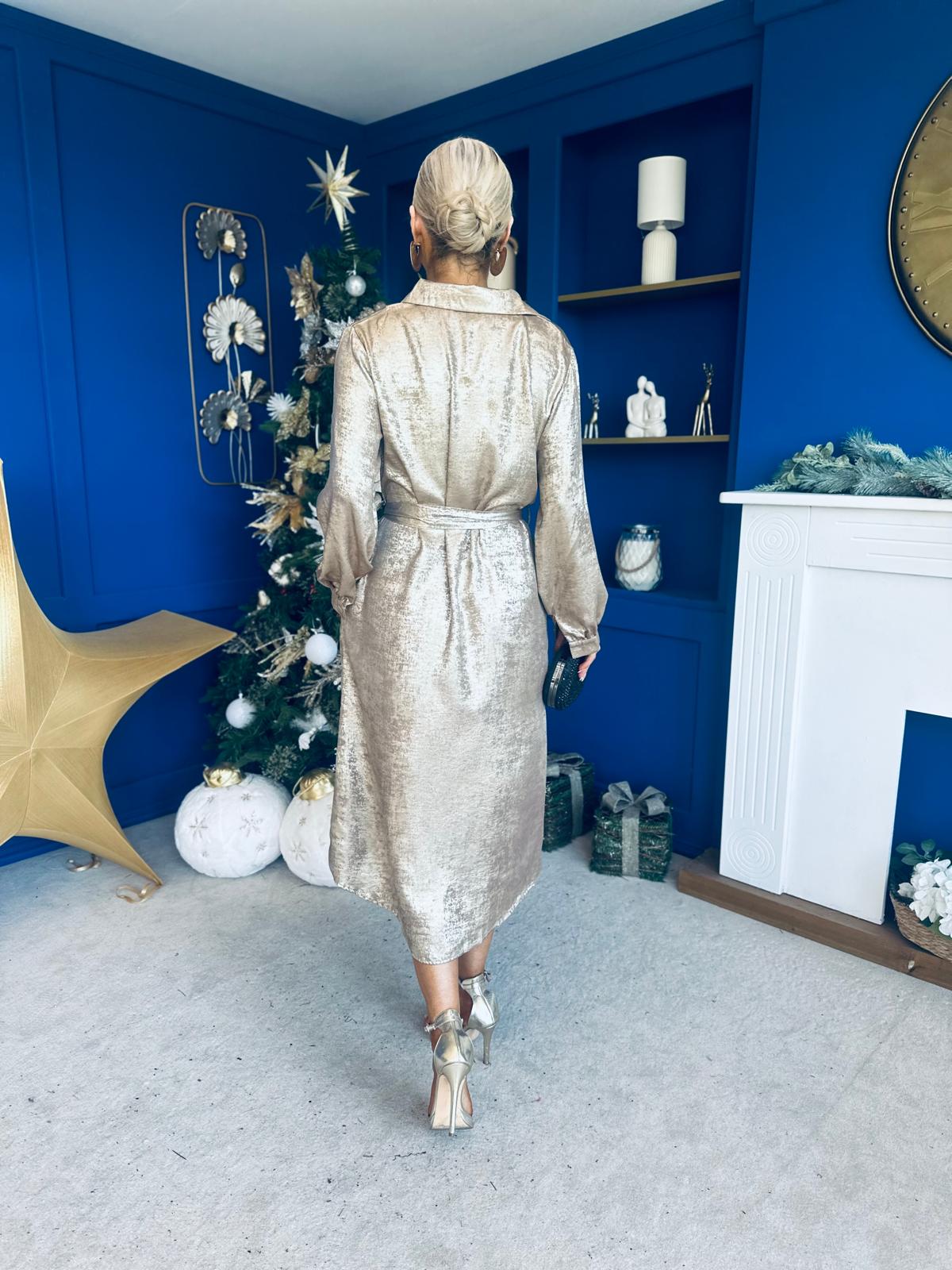 Gwyn Metalic Shimmer Midi Shirt Dress Gold