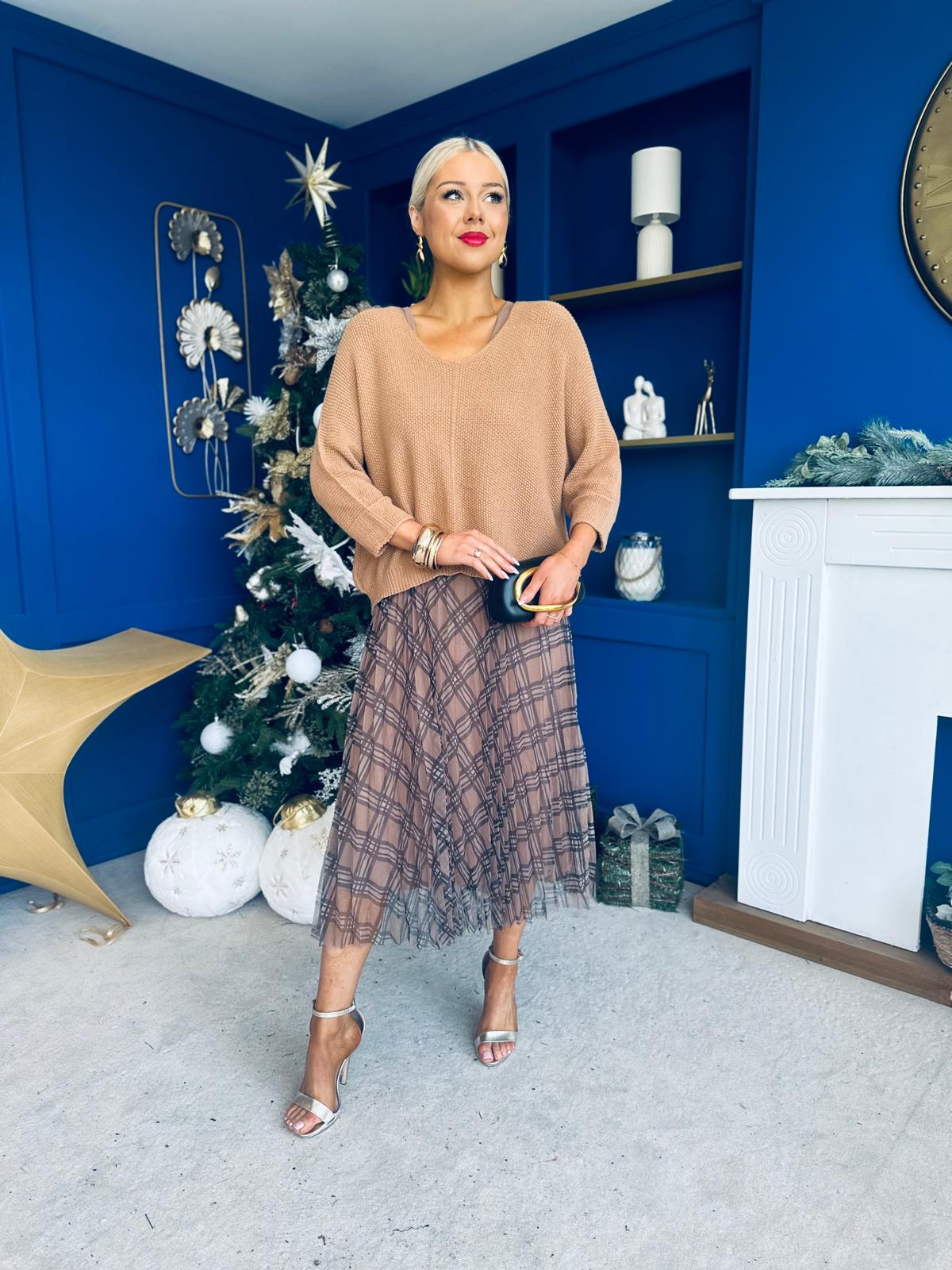 Sarah Knit & Tulle Midi Dress Beige