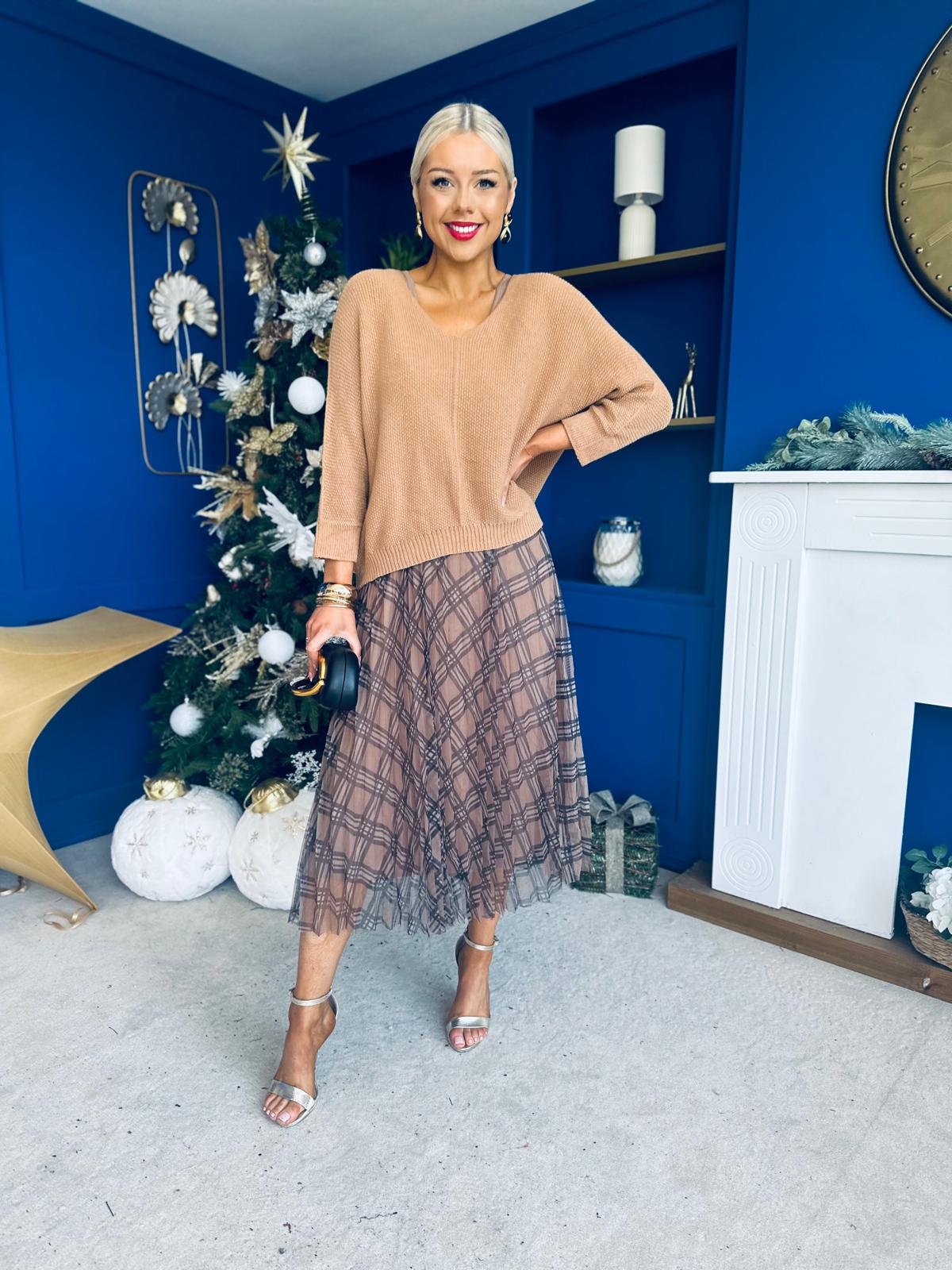 Sarah Knit & Tulle Midi Dress Beige