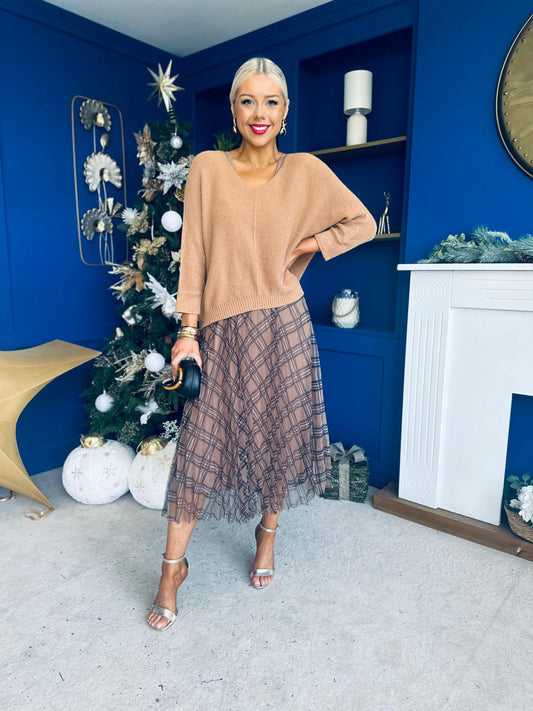 Sarah Knit & Tulle Midi Dress Beige