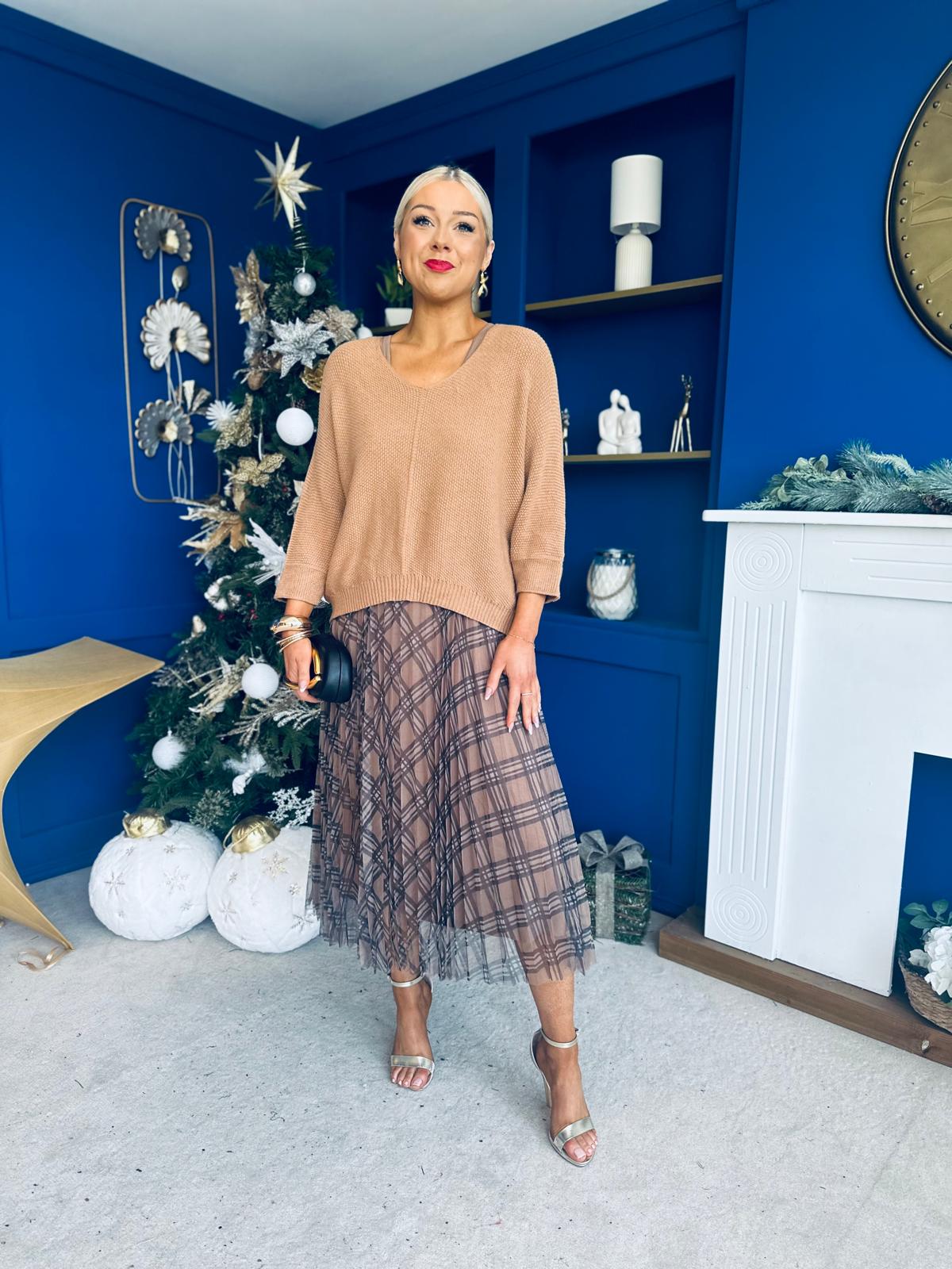 Sarah Knit & Tulle Midi Dress Beige