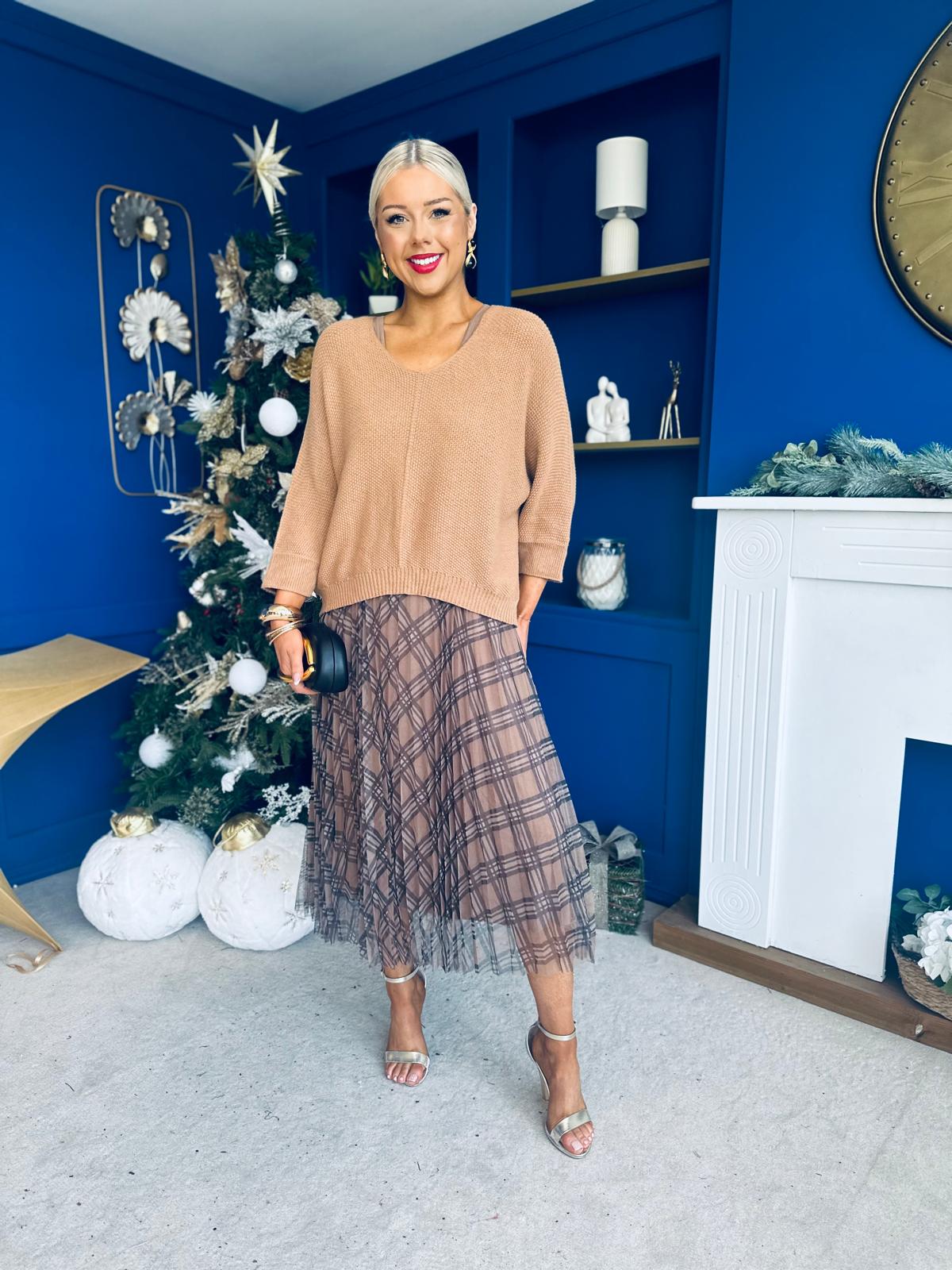 Sarah Knit & Tulle Midi Dress Beige