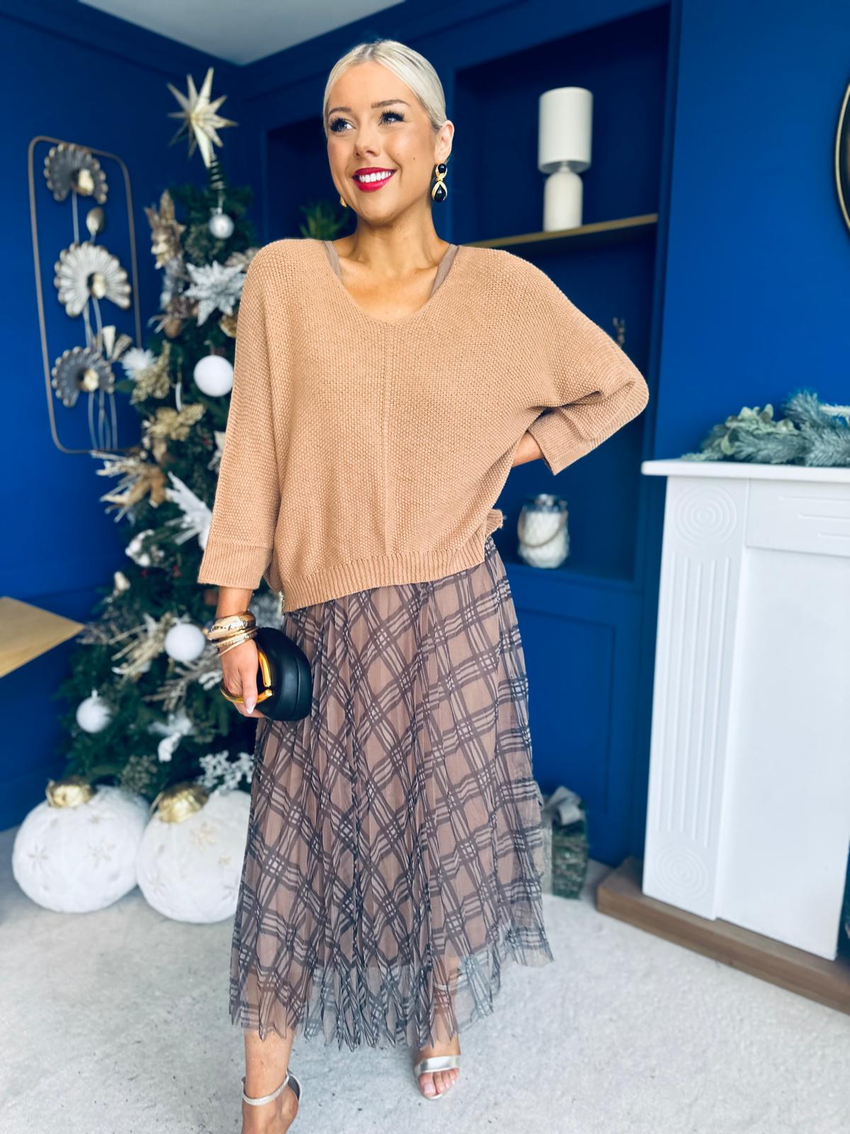 Sarah Knit & Tulle Midi Dress Beige