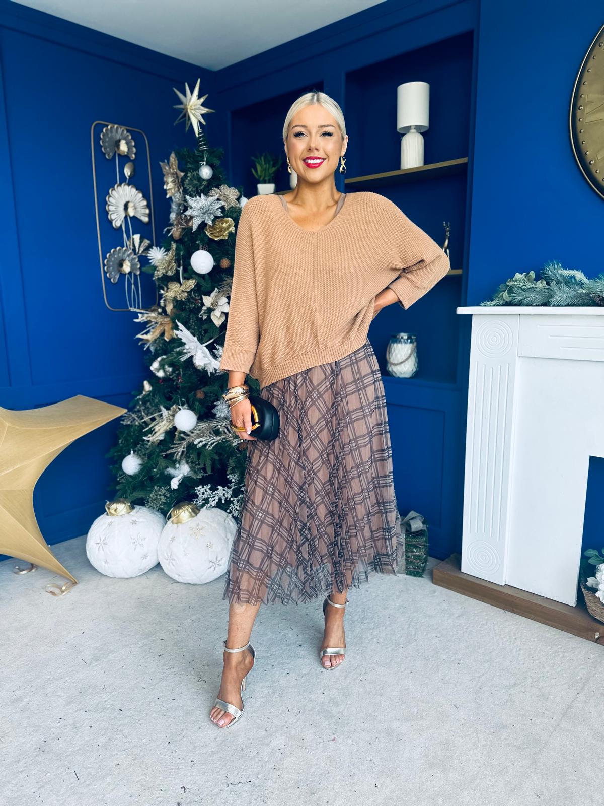 Sarah Knit & Tulle Midi Dress Beige