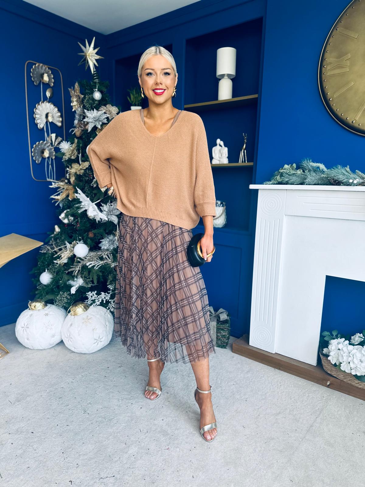 Sarah Knit & Tulle Midi Dress Beige