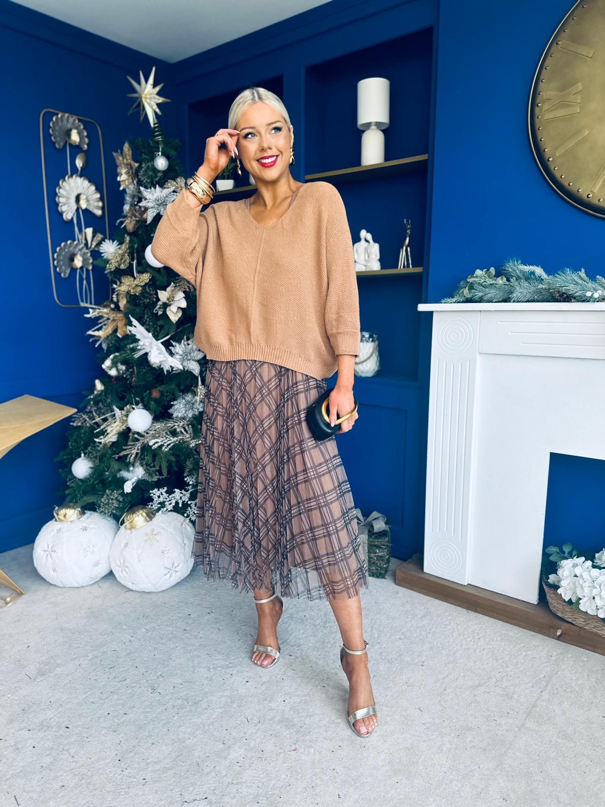 Sarah Knit & Tulle Midi Dress Beige