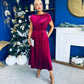 Harriet Pearl Detailed Velvet Midi Dress Wine