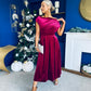 Harriet Pearl Detailed Velvet Midi Dress Wine