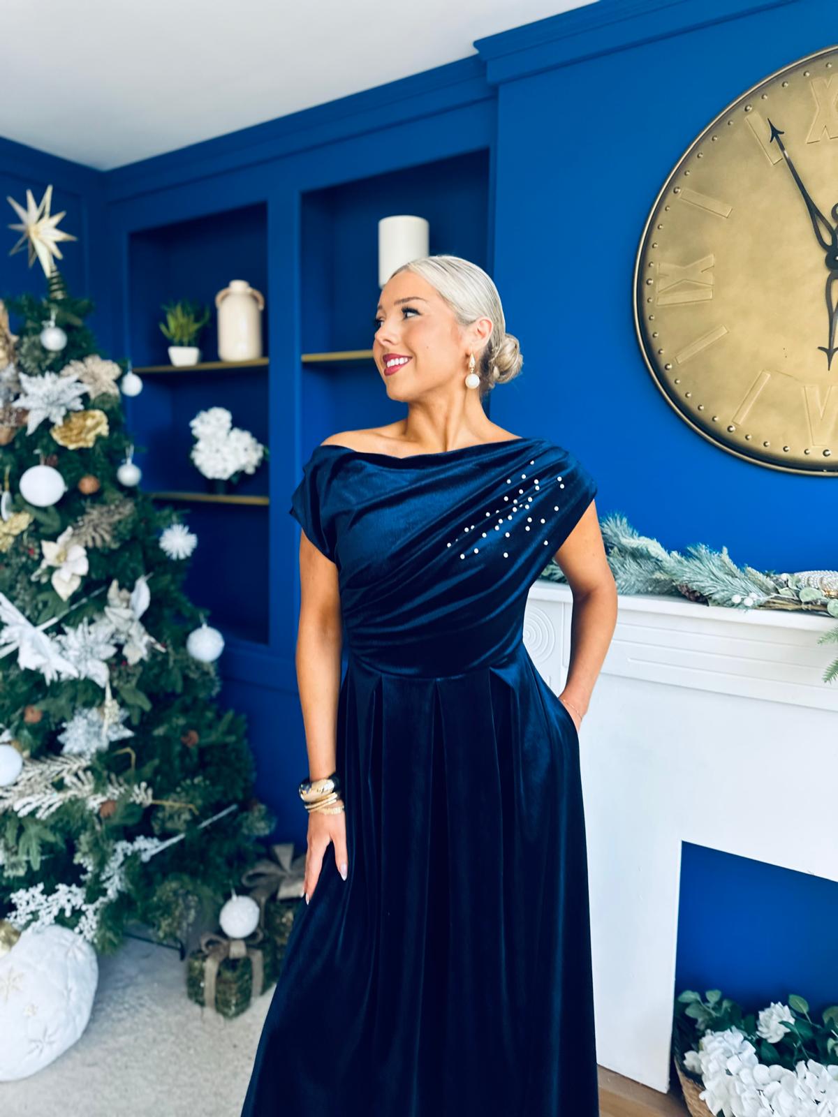 Harriet Pearl Detailed Velvet Midi Dress Navy