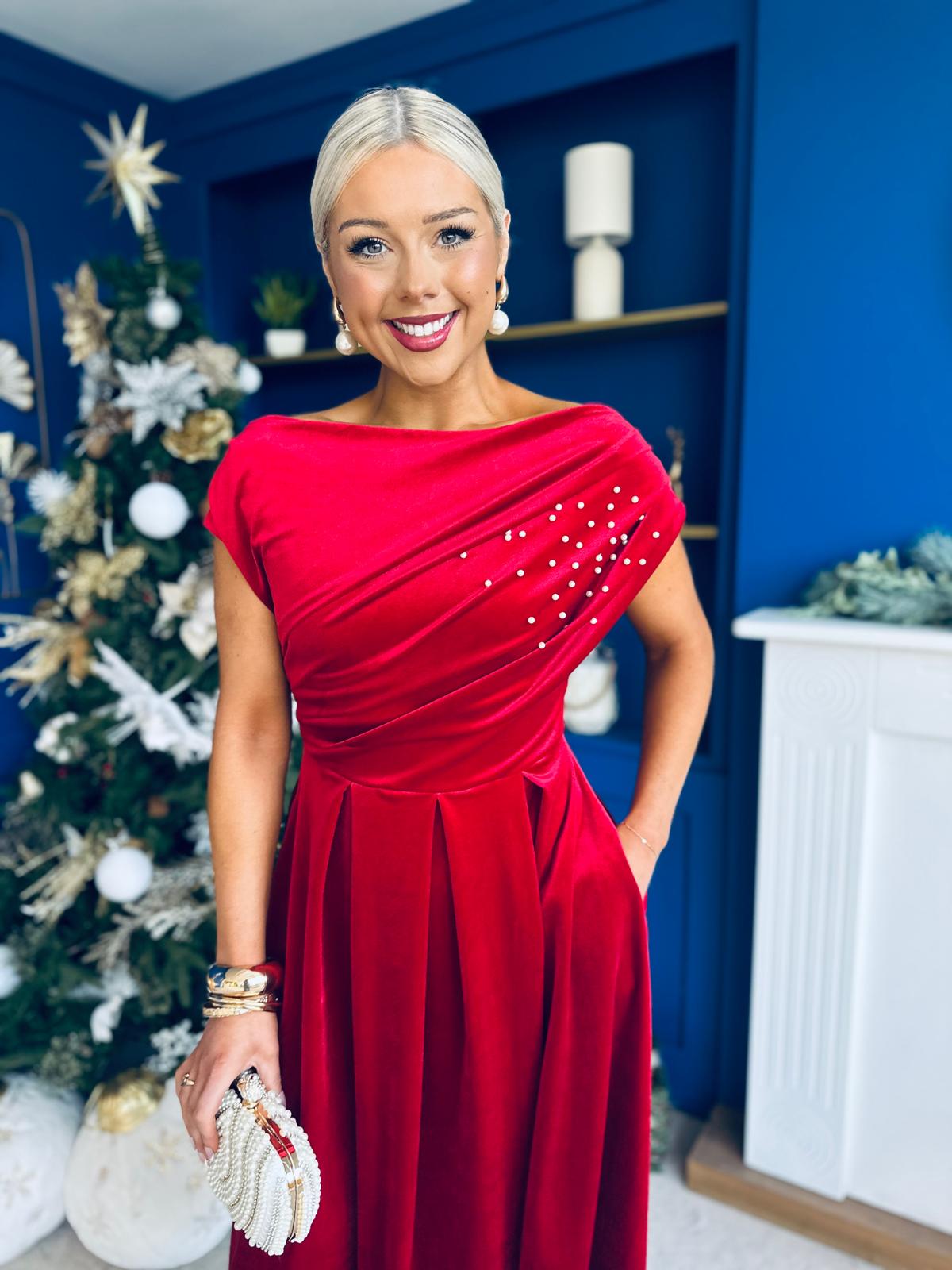 Harriet Pearl Detailed Velvet Midi Dress Red