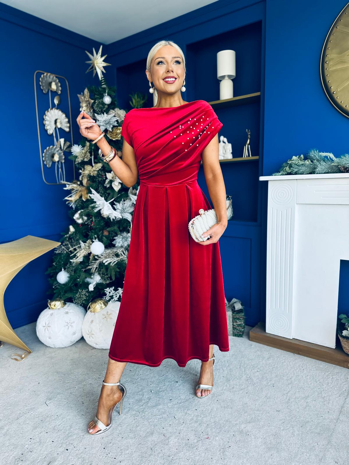 Harriet Pearl Detailed Velvet Midi Dress Red