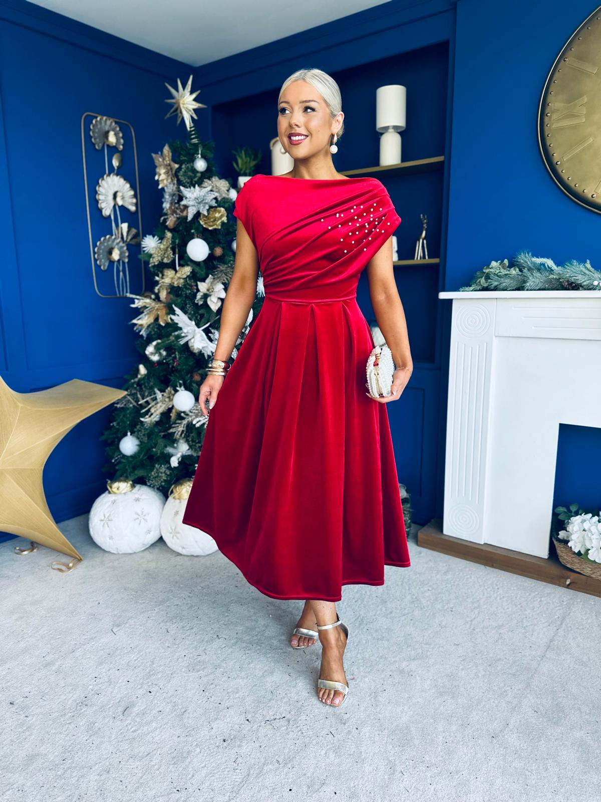 Harriet Pearl Detailed Velvet Midi Dress Red