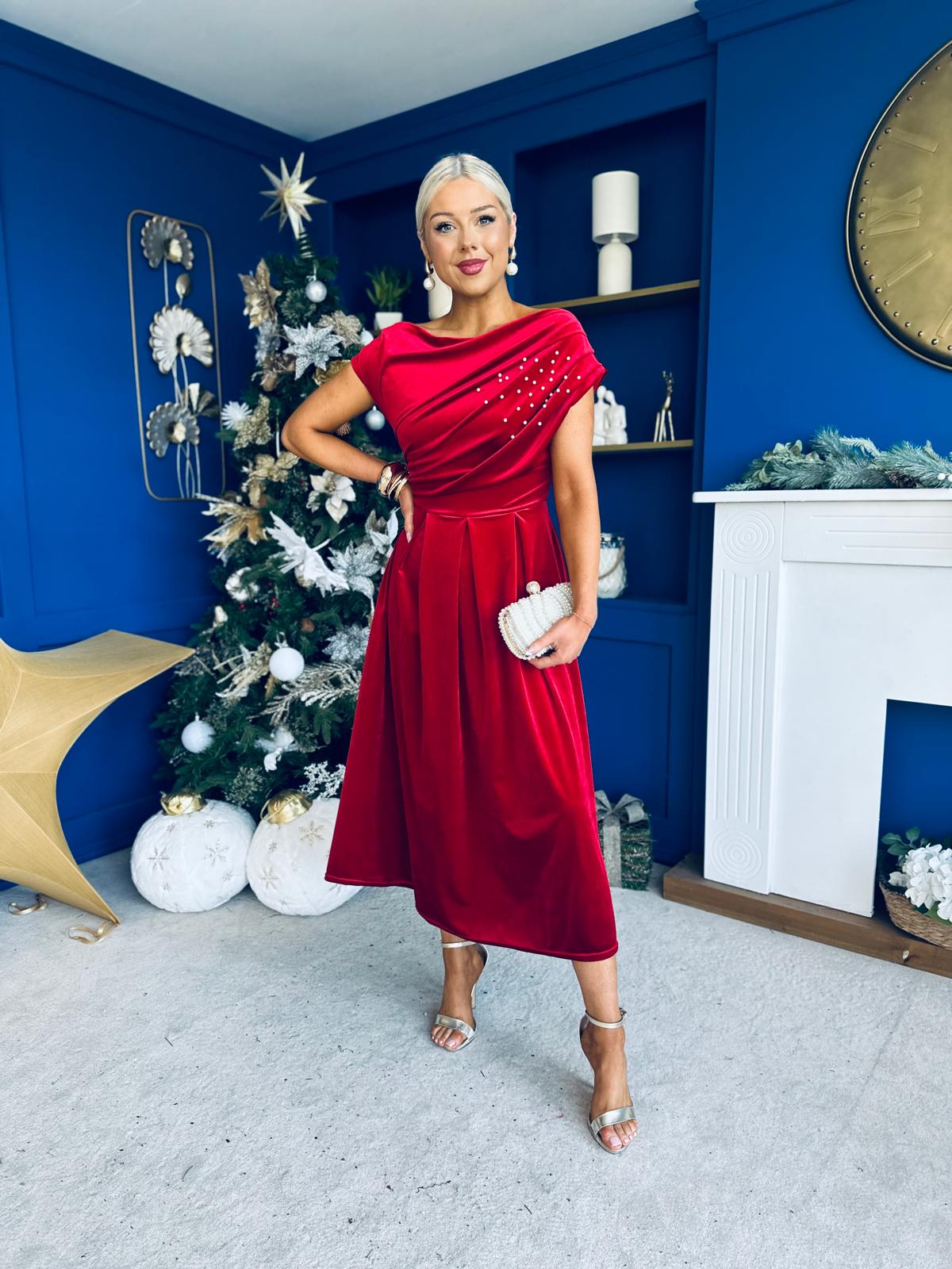 Harriet Pearl Detailed Velvet Midi Dress Red